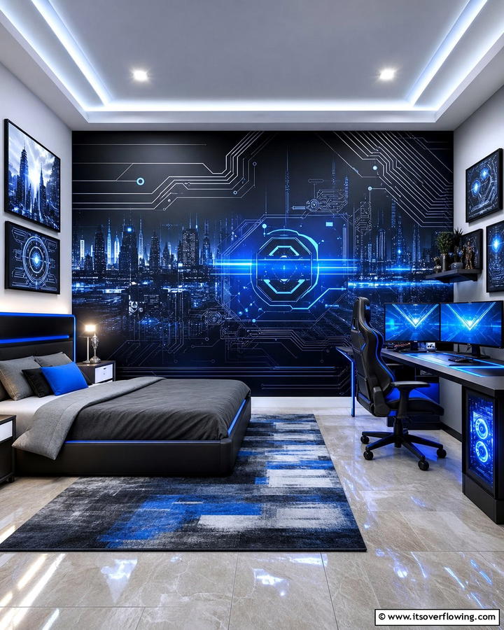 Futuristic Wall Art - 21 Gaming Bedroom Ideas for an Immersive Entertainment Setup