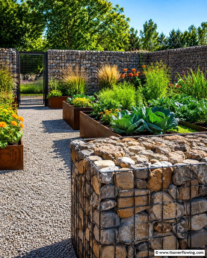 Gabion Wall Fence - 20 Practical Vegetable Garden Fence Ideas for Your Yard