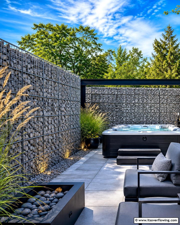 Gabion Walls for a Modern Touch - 25 Backyard Hot Tub Privacy Ideas for Relaxing Spaces