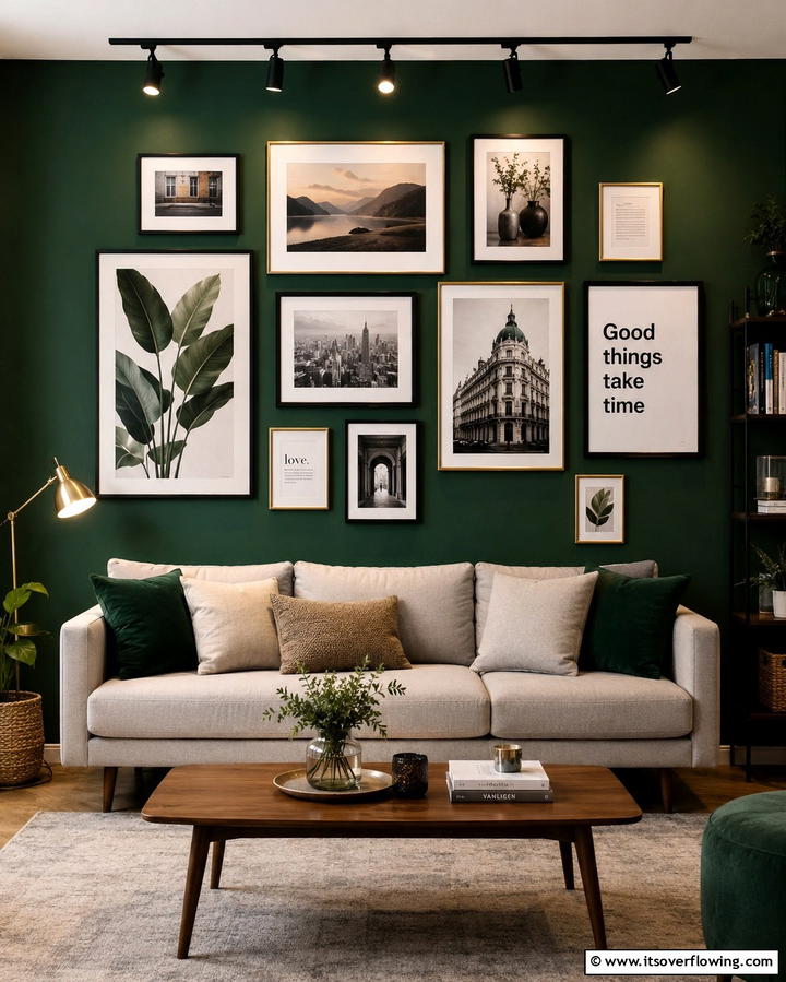 Gallery Wall Against Dark Green - 30 Rich Dark Green Living Room Designs for Cozy Elegance