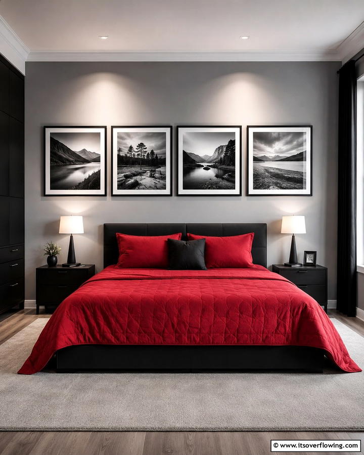 Gallery Wall Displays - 25 Red Black and White Bedroom Ideas for a Bold Look