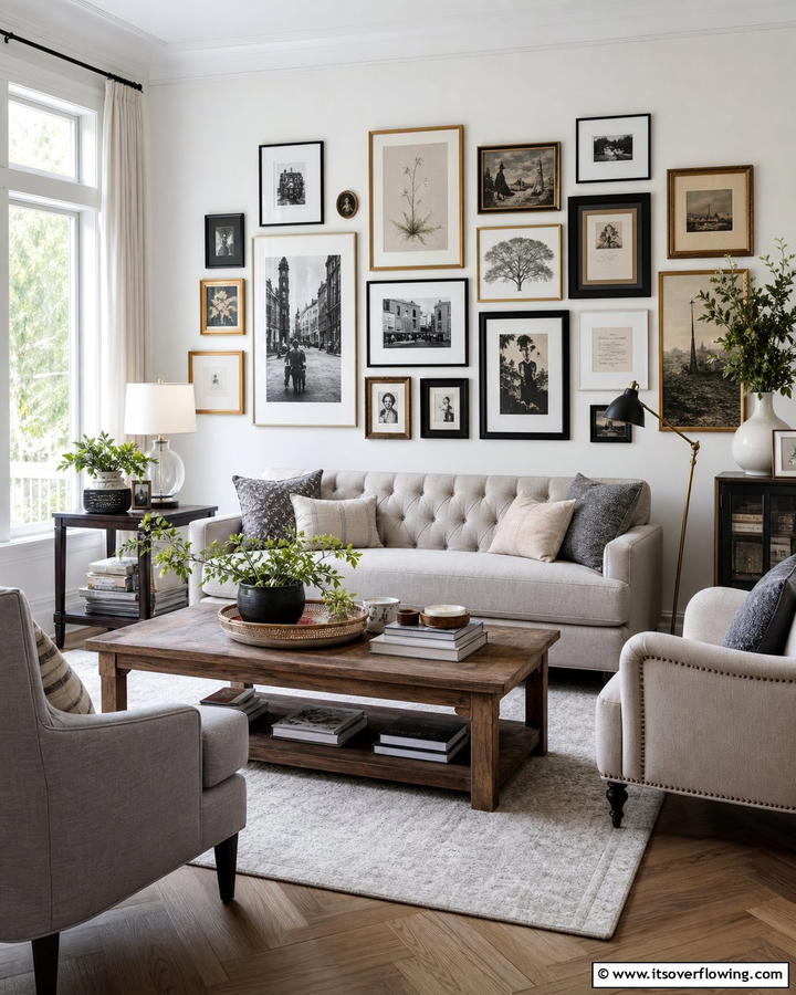 Gallery Wall for Personal Touches - 20 Pottery Barn Living Room Ideas for Timeless Style