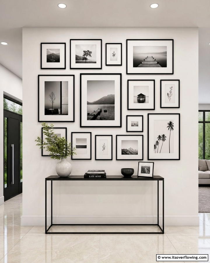 Gallery Wall in Black and White Frames - 20 Black and White Entryway Design Ideas for a Chic Look