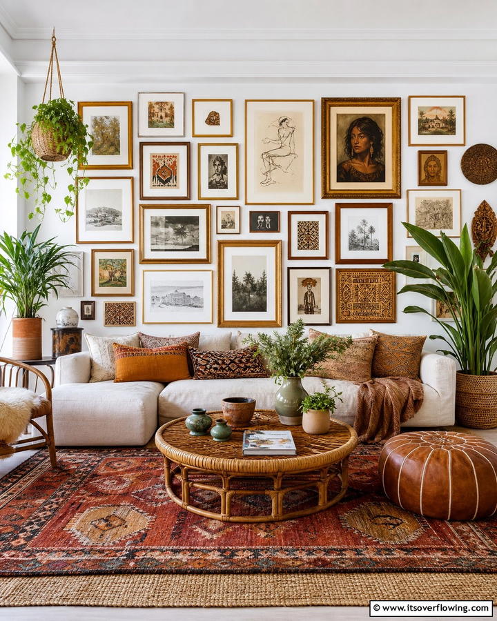 Gallery Wall of Art and Photos - 25 Boho Wall Decor Ideas for a Vibrant and Artistic Home