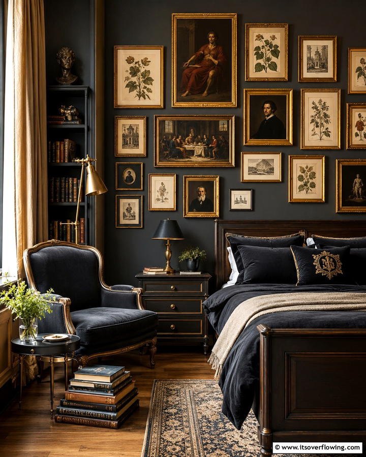 Gallery Wall of Classical Art - 30 Dark Academia Bedroom Designs for a Scholarly Aesthetic