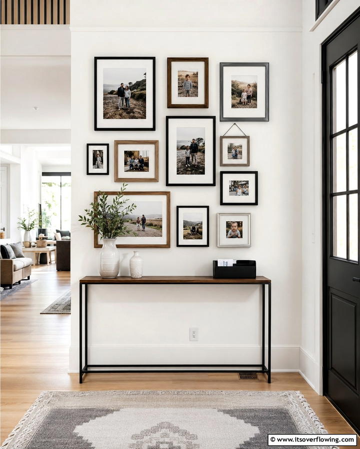 Gallery Wall of Family Photos - 30 Entryway Wall Ideas for First Impressions and Functional Storage