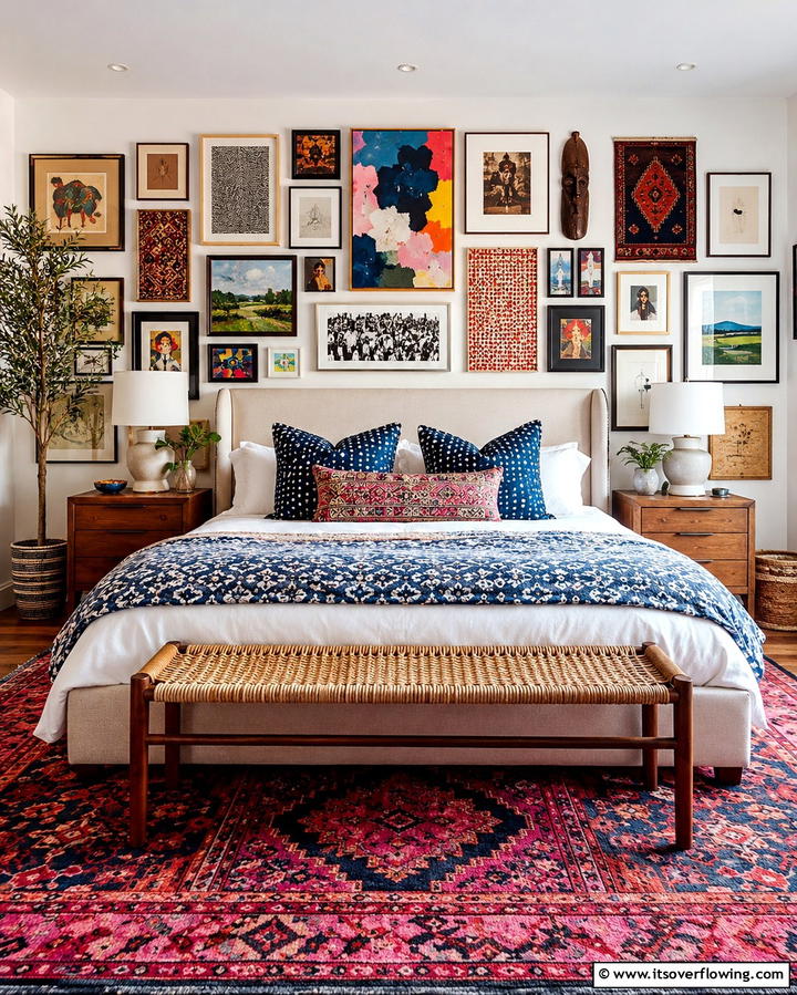 Gallery Wall of Mixed Art - 25 Eclectic Bedroom Ideas to Inspire Your Space