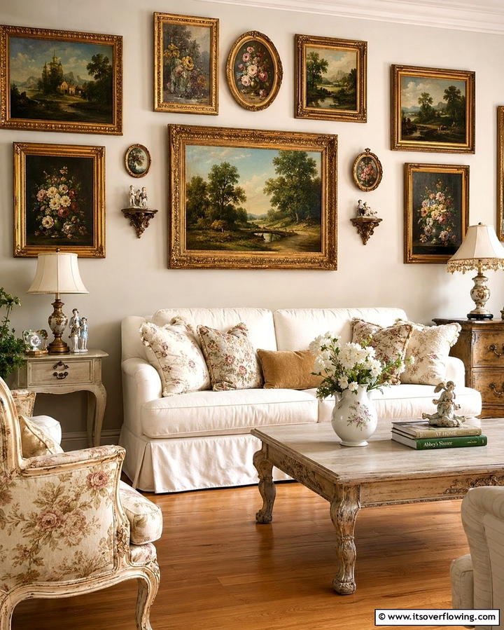 Gallery Wall of Vintage Art - 25 Shabby-Chic Style Living Room Ideas for a Vintage Look