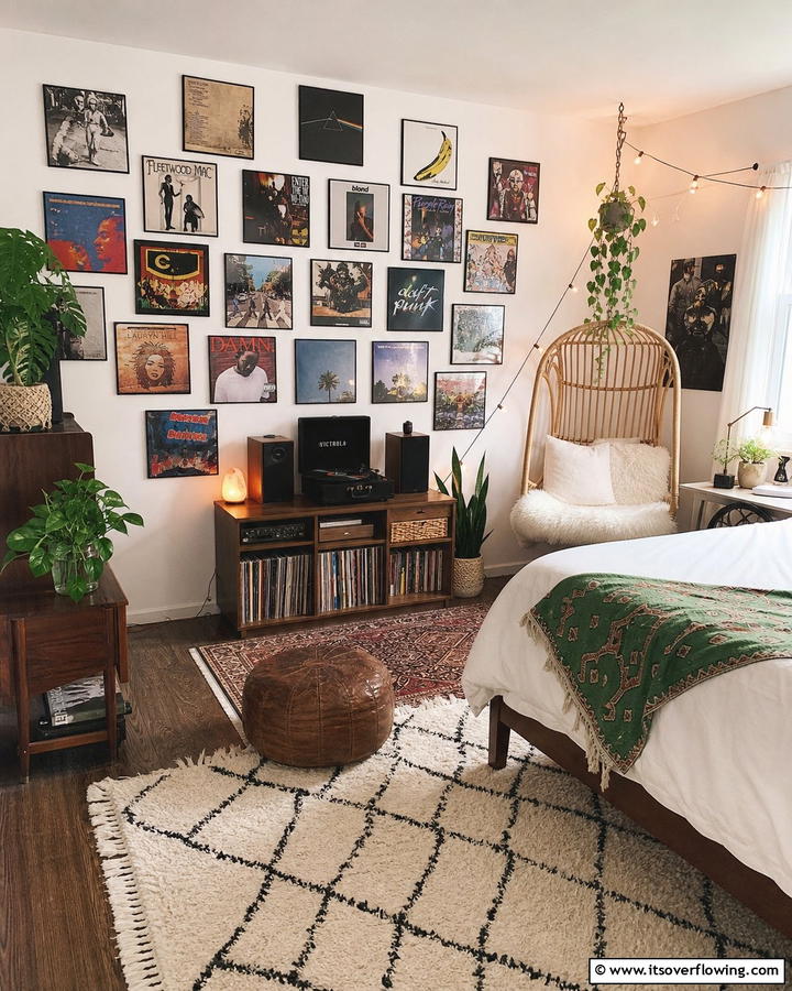 Gallery Wall of Vinyl Covers - 20 Unique Indie Room Ideas for a Boho Vibe