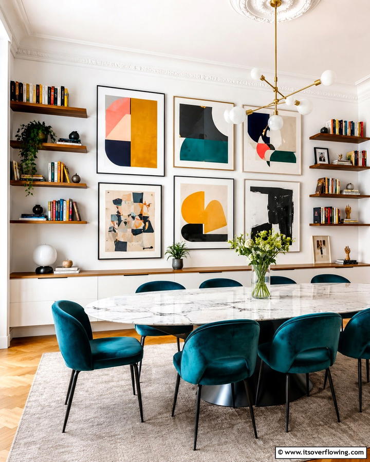 Gallery Wall with Bookshelves - 25 Library Dining Room Combo Ideas for Book Lovers