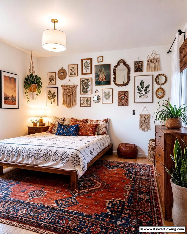 Gallery Wall with Eclectic Art - 20 Cozy Small Boho Bedroom Design Ideas