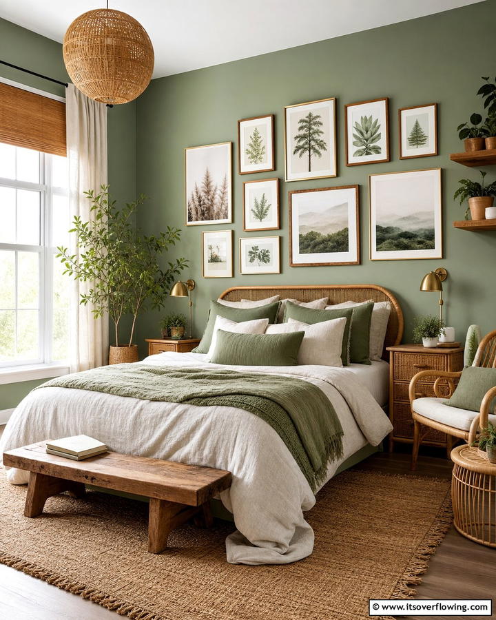 Gallery Wall with Nature Inspired Art - 25 Boho Sage Green Bedroom Ideas for a Serene Retreat