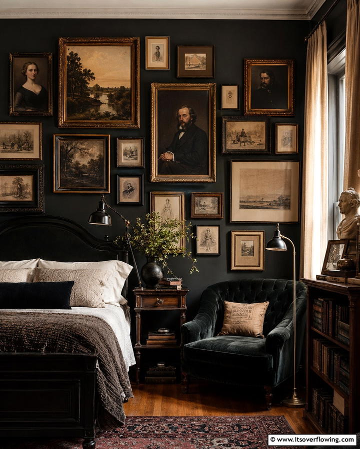 Gallery Wall with Vintage Art - 30 Dark Academia Bedroom Designs for a Scholarly Aesthetic
