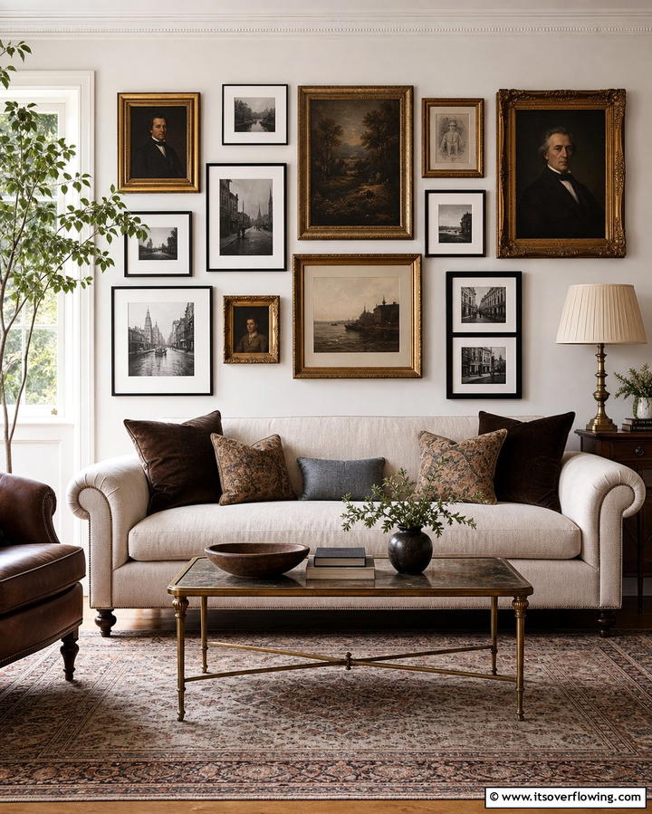 Gallery Wall with Vintage Artwork - 25 Ralph Lauren Living Room Ideas for Classic Elegance
