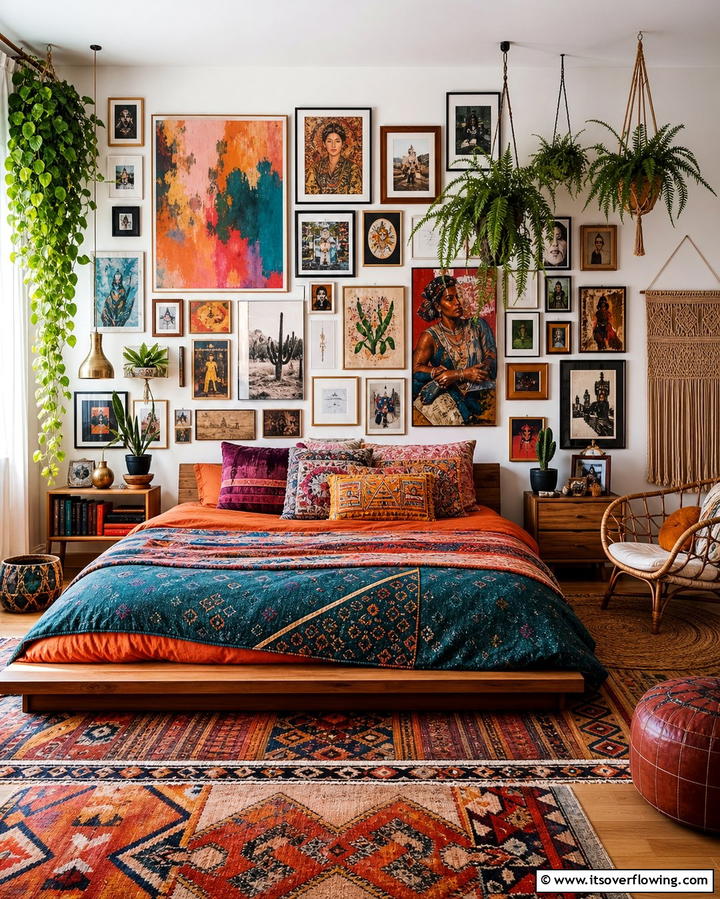 Gallery Walls with Eclectic Art - 25 Colorful Boho Bedroom Ideas for a Cozy Retreat