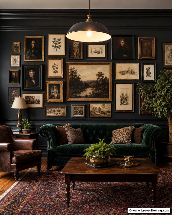 Gallery Walls with Vintage Artwork - 25 Dark Academia Interior Design Ideas for Sophistication