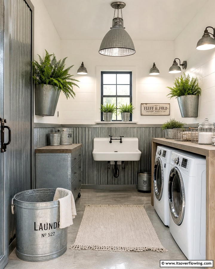Galvanized Metal Accents - 25 Farmhouse Laundry Room Ideas for Function and Style