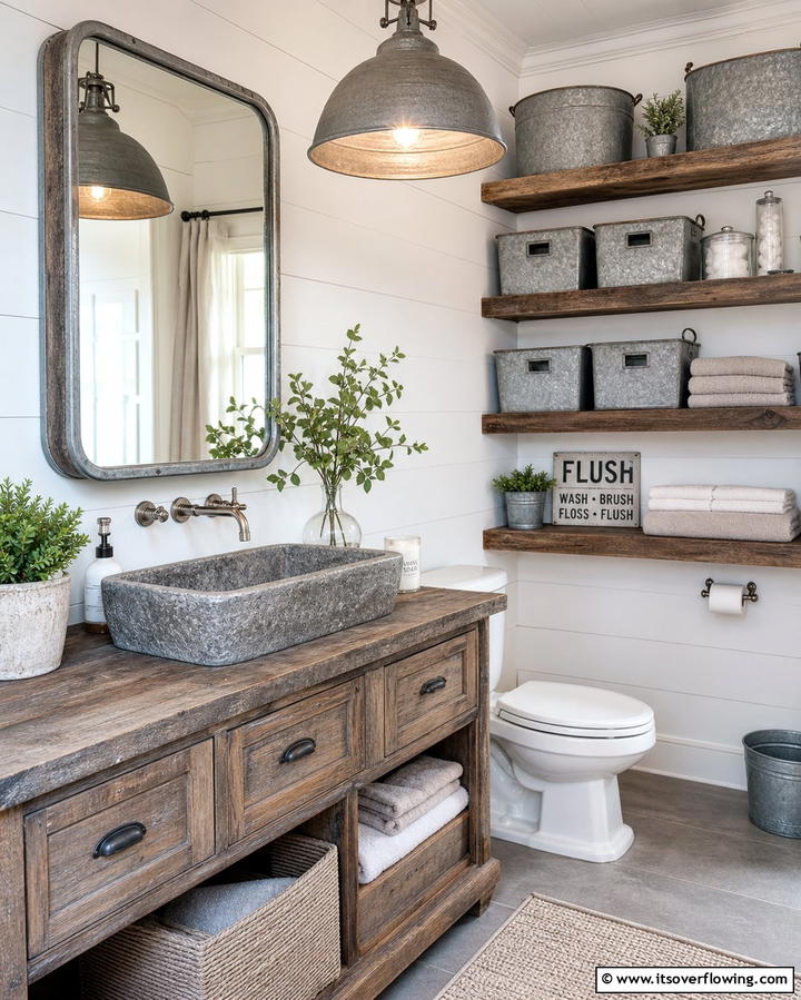 Galvanized Metal AccentsExact - 25 Farmhouse Bathroom Ideas for a Rustic and Relaxing Retreat