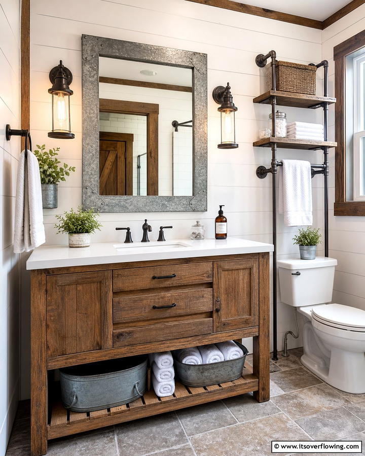 Galvanized Metal AccentsOne - 25 Farmhouse Bathroom Ideas for a Rustic and Relaxing Retreat