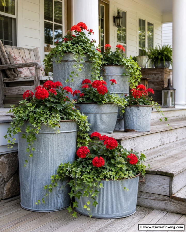 Galvanized Metal Planters - 25 Farmhouse Porch Ideas for a Cozy Outdoor Retreat