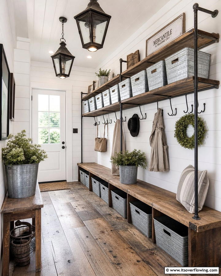 Galvanized Metal Touches for Industrial Flair - 20 Farmhouse Mudroom Ideas for a Rustic Entryway