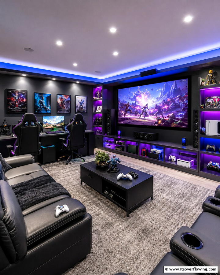 Gaming Integration for Multi Purpose Fun - 25 Basement Home Theater Ideas for Movie Nights