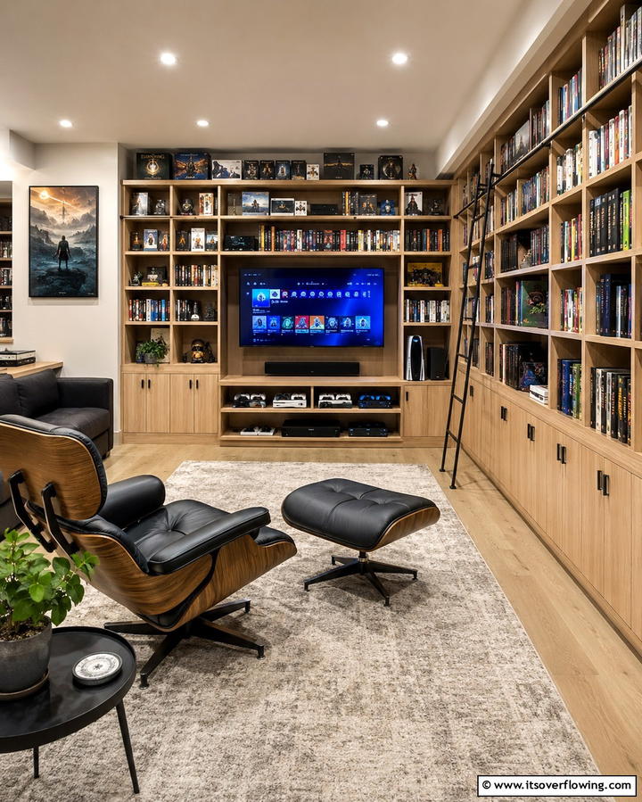 Gaming Library Lounge - 30 Fun Basement Game Room Ideas for Family Entertainment
