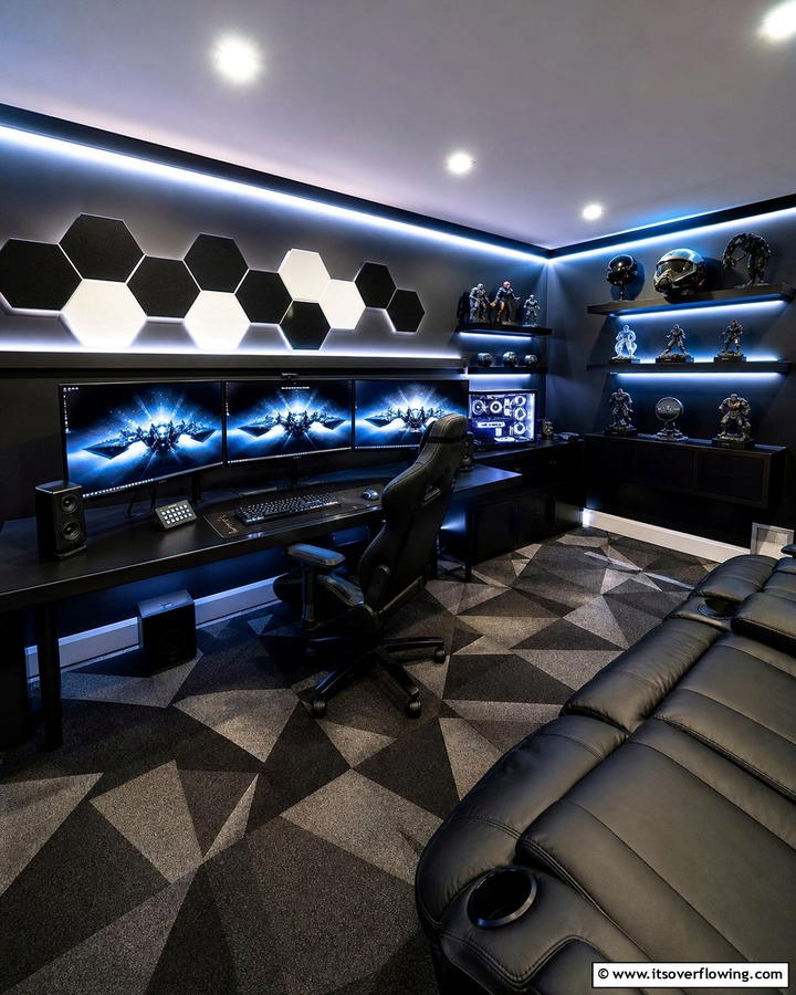 Gaming Setup with Black Accessories - 20 Black Man Cave Ideas for a Masculine Retreat