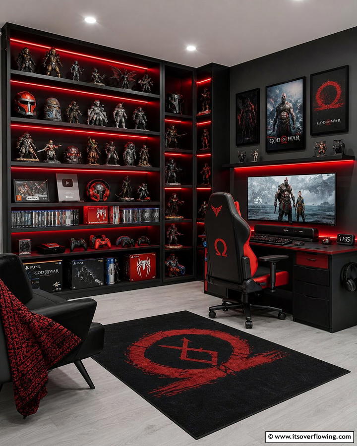 Gaming Shelf Display - 25 Red and Black Gaming Setup Ideas for a Stylish Space