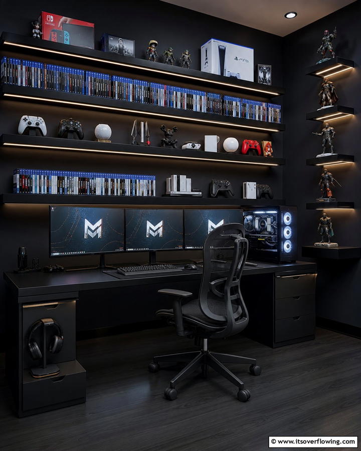 Gaming Shelves with Black Finish - 25 Sleek Black Gaming Room Ideas for Gamers