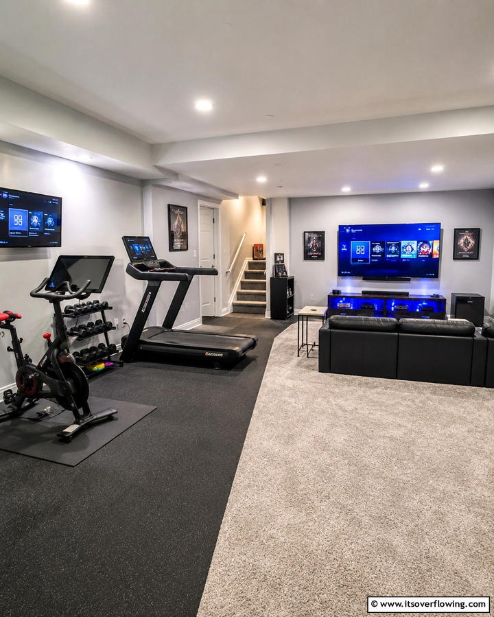 Gaming and Workout Combo - 30 Fun Basement Game Room Ideas for Family Entertainment