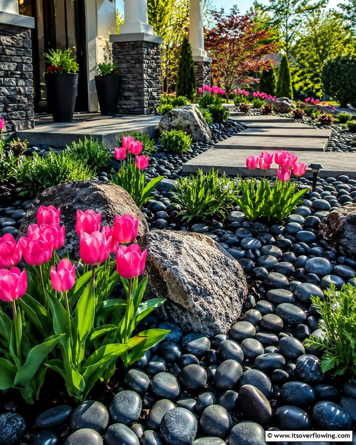 Garden Art with Boulder Accents - 30 Natural Black River Rock Landscaping Ideas for Texture
