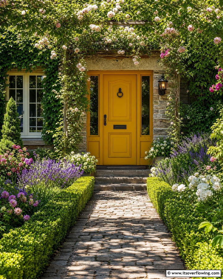 Garden Bliss with Green Surroundings - 20 Mustard Yellow Front Door Ideas for a Bold Entrance
