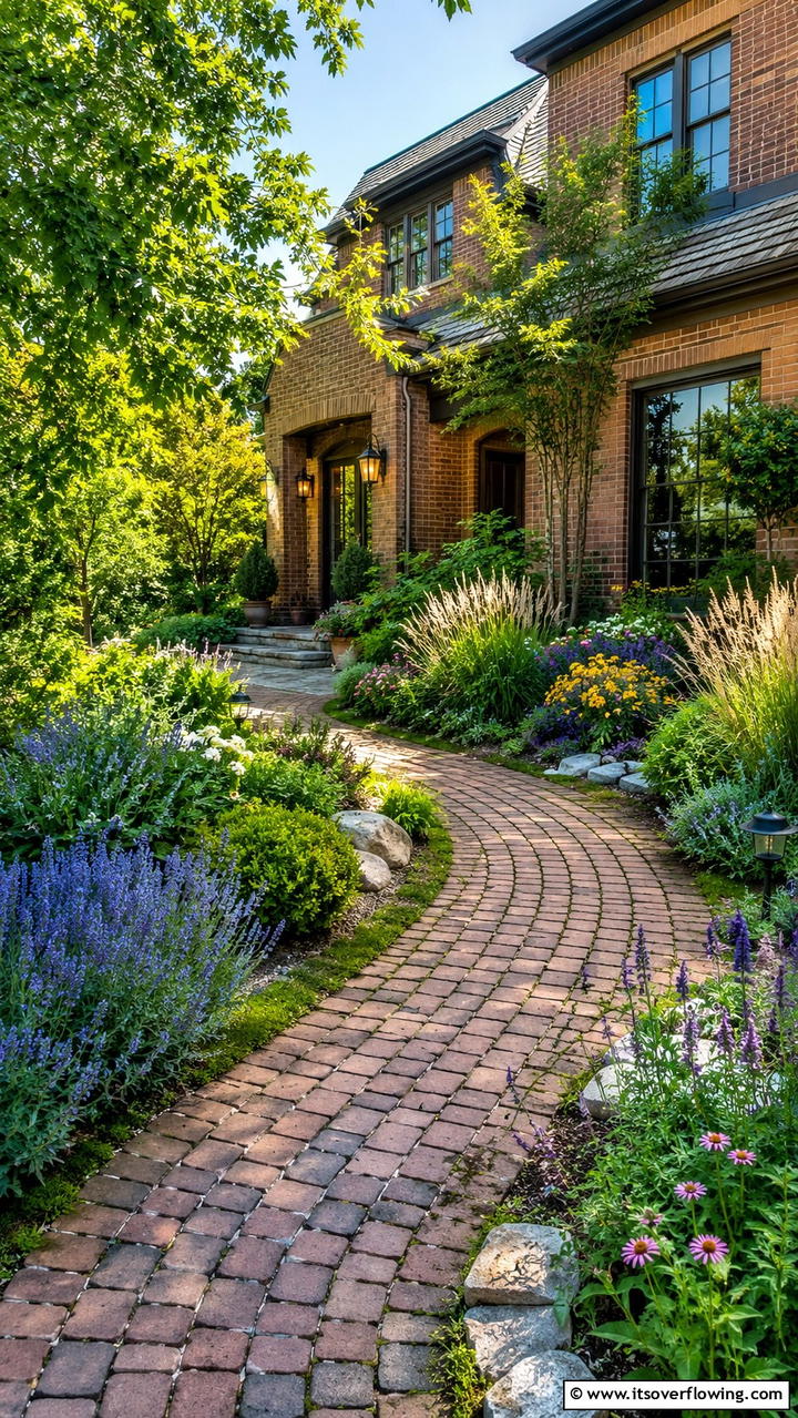 Garden Inspired Brick Walkway - 30 Brown Brick Exterior Home Ideas for Timeless Curb Appeal