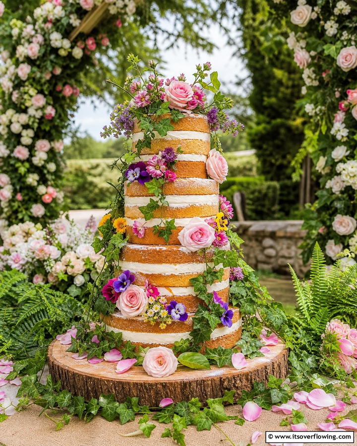 Garden Inspired Naked Cake - 21 Naked Wedding Cake Ideas for Minimalist Elegance