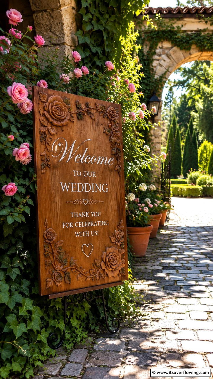 Garden Inspired Wooden Plaque - 21 Wedding Welcome Sign Ideas to Greet Guests in Style