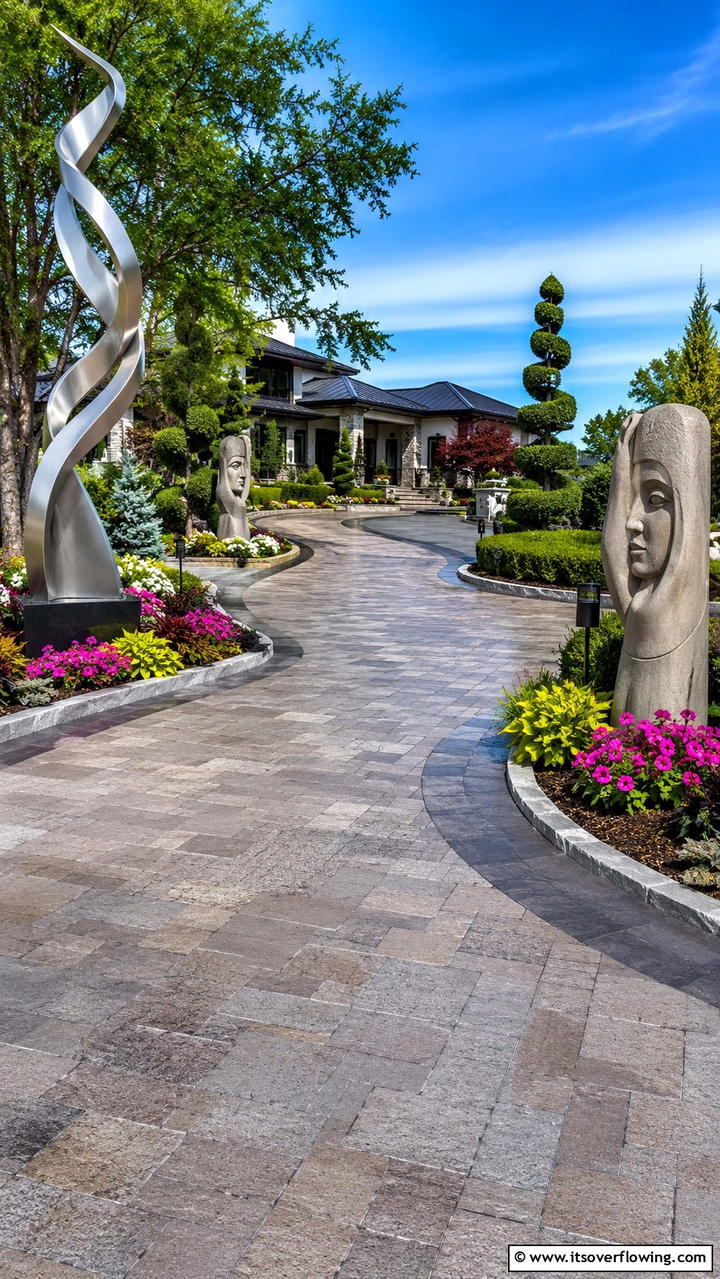Garden Sculptures and Art - 30 Driveway Landscape Ideas to Boost Curb Appeal