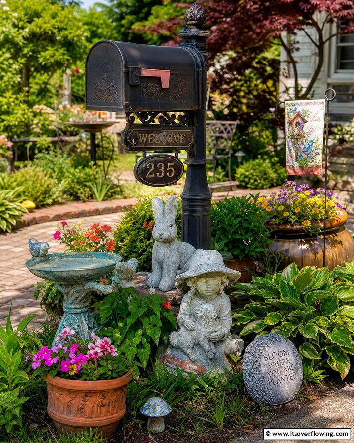 Garden Statues and Ornaments - 30 Creative Mailbox Landscaping Ideas for Curb Appeal
