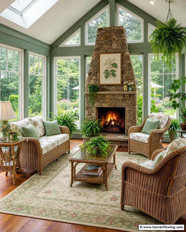 Garden View Sunroom with Cozy Fireplace Ambience - 30 Sunroom With Fireplace Ideas for Year-Round Comfort