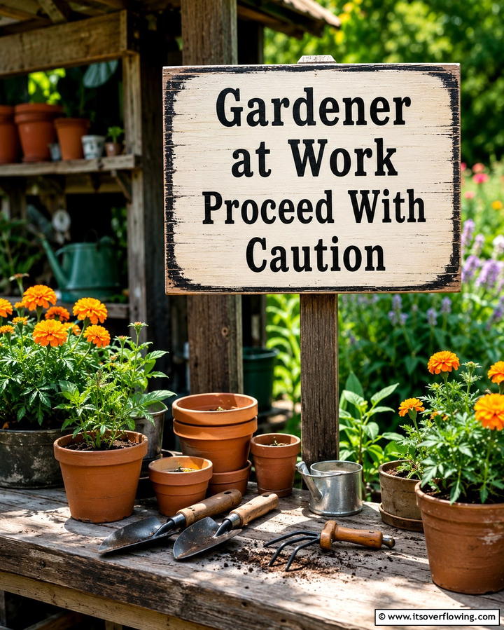 Gardener at Work Proceed With Caution - 25 Funny Garden Sign Ideas to Add Humor to Your Yard