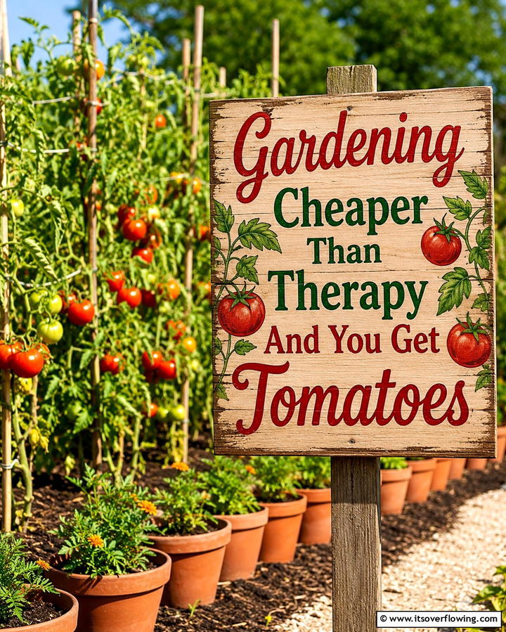 Gardening Cheaper Than Therapy And You Get Tomatoes - 25 Funny Garden Sign Ideas to Add Humor to Your Yard