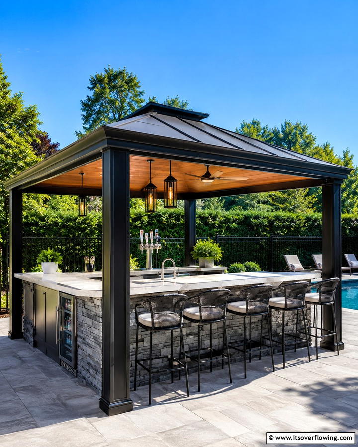 Gazebo with Built in Bar and High Stools - 30 Outdoor Kitchen with Gazebo Ideas for All-Weather Cooking
