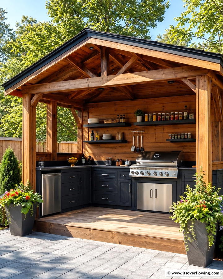 Gazebo with Built in Storage and Shelving - 30 Outdoor Kitchen with Gazebo Ideas for All-Weather Cooking