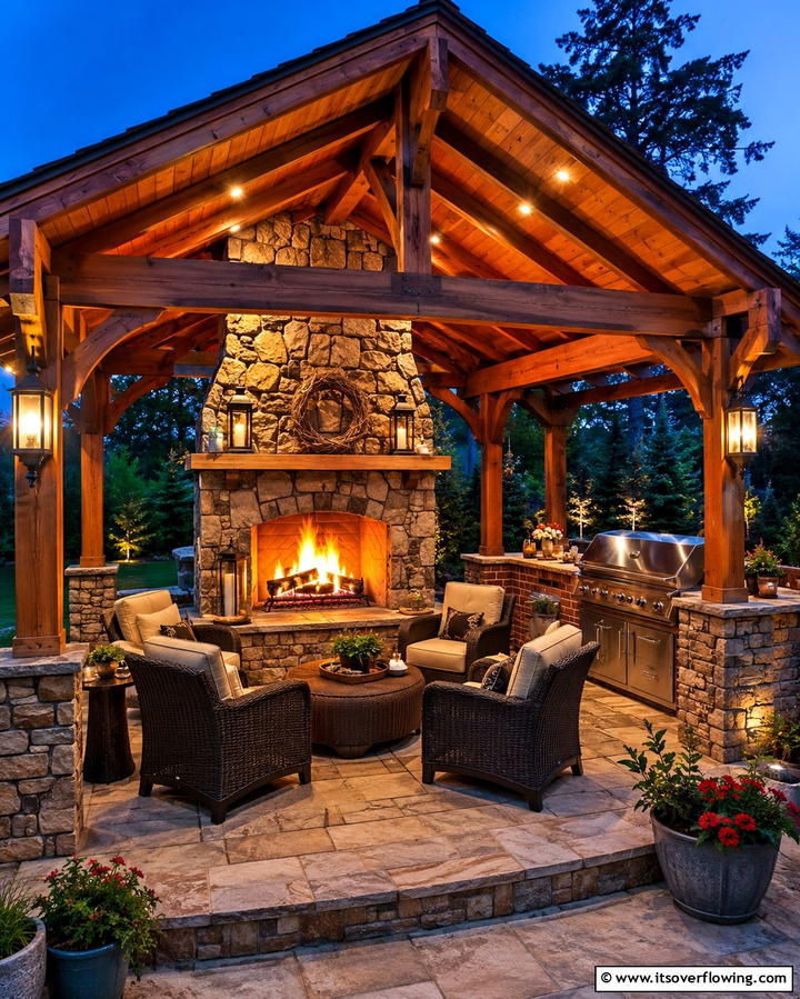 Gazebo with Outdoor Fireplace - 30 Outdoor Kitchen with Gazebo Ideas for All-Weather Cooking