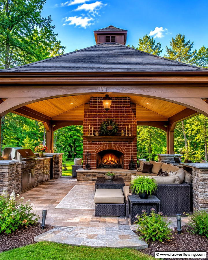 Gazebo with Outdoor Fireplace and Lounge Area - 30 Outdoor Kitchen with Gazebo Ideas for All-Weather Cooking