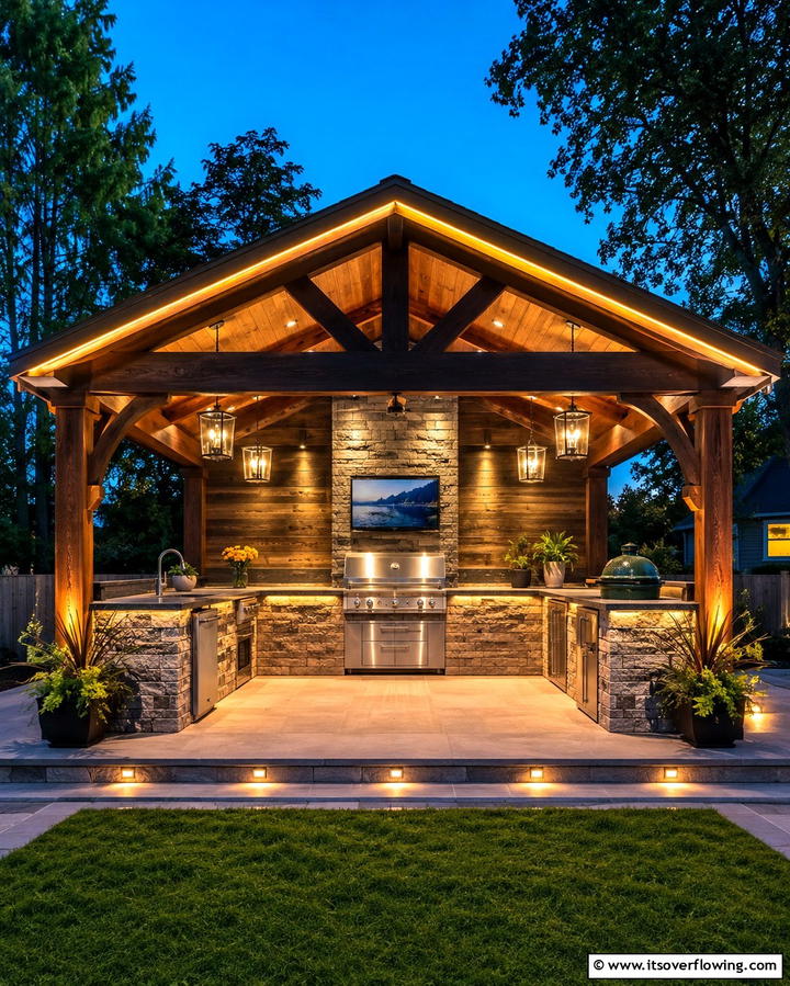 Gazebo with Outdoor Lighting - 30 Outdoor Kitchen with Gazebo Ideas for All-Weather Cooking