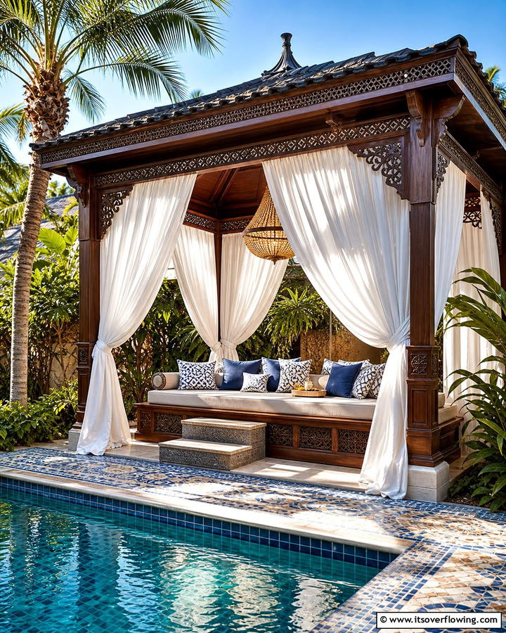 Gazebo with Privacy Curtains - 17 Pool Shade Ideas for Stylish Outdoor Swimming Areas