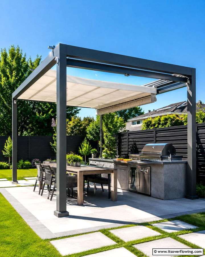 Gazebo with Retractable Canopy for Adjustable Shade - 30 Outdoor Kitchen with Gazebo Ideas for All-Weather Cooking