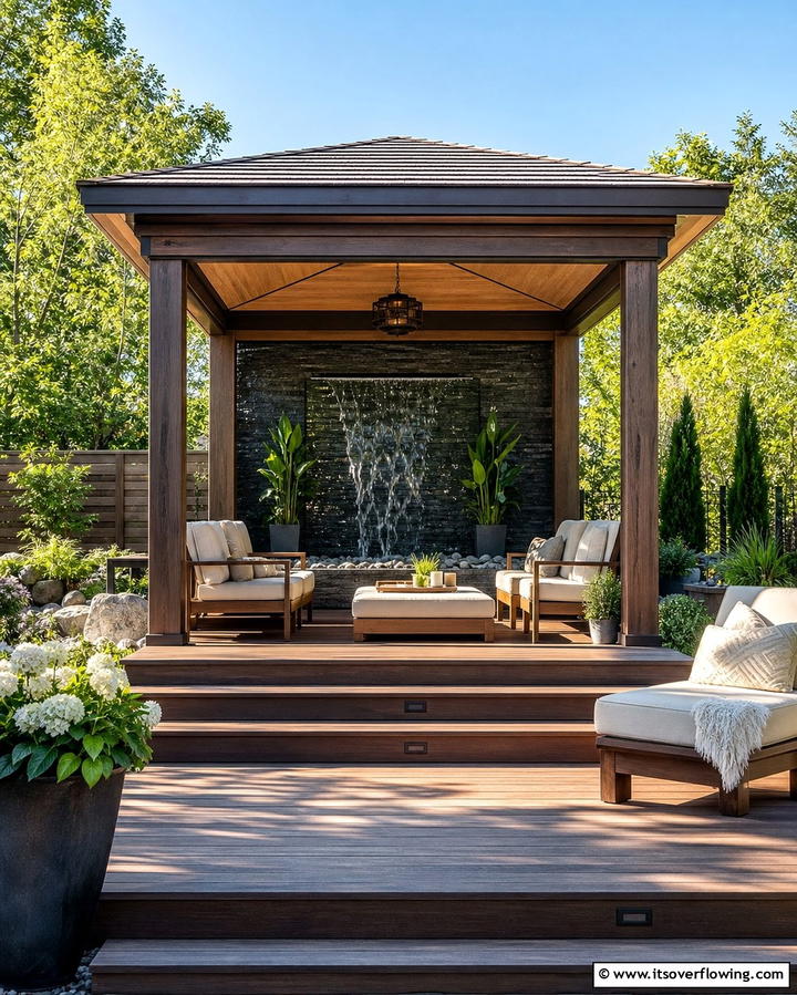 Gazebo with Water Feature for Serenity - 25 Gazebo on Deck Ideas for Outdoor Relaxation