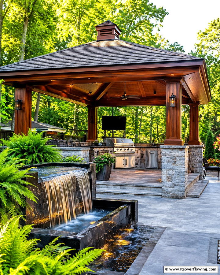 Gazebo with Water Features - 30 Outdoor Kitchen with Gazebo Ideas for All-Weather Cooking